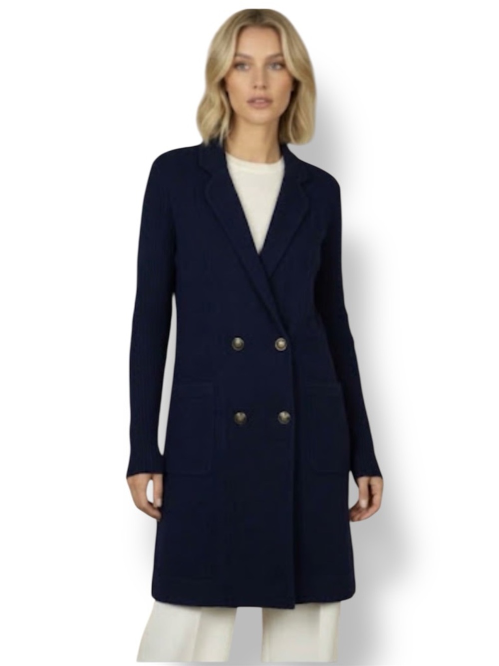 Diane Von Furstenburg 100% Cashmere Double Breasted Long Cardigan-Coat Navy Sz P